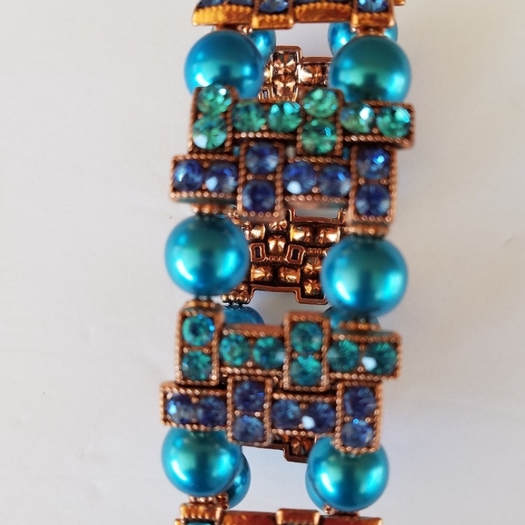 Hand Crafted Pearl/Rhinestone Bracelet & Drop Earrings Cerulean Blue-Royal Blue - Picture 11 of 11